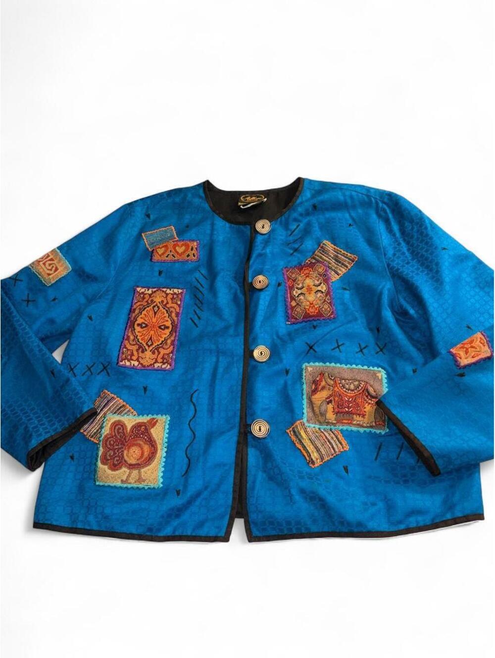 Vintage Allure Dress Royal Blue Patchwork Wearable Art Jacket Missy XL